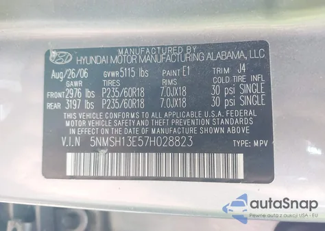 2007 Hyundai Santa Fe Limited/Se z USA, uszkodzony, nr VIN 5NMSH13E57H028823